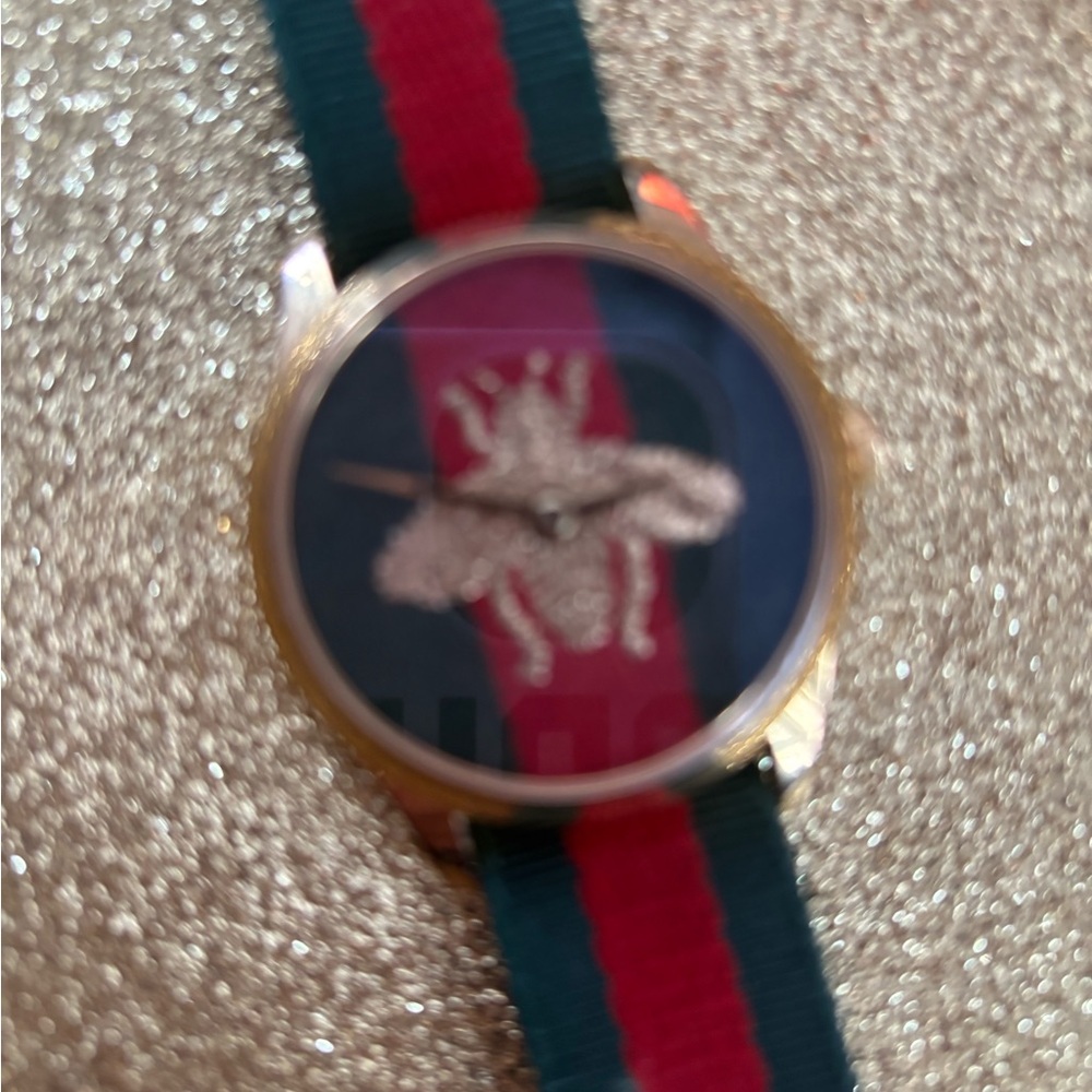 Gucci Red and Green Bee Dial Stripe Nylon Strap Watch